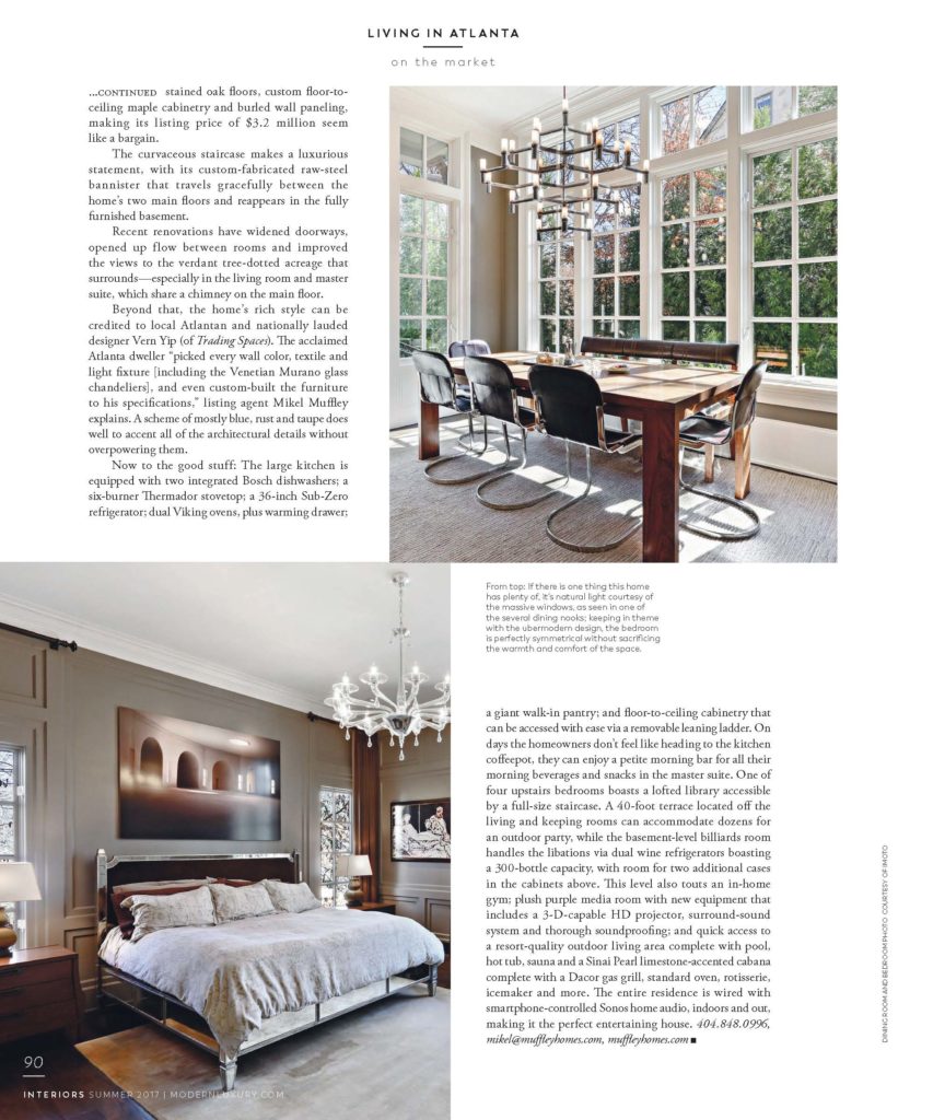 Modern Luxury's Interiors Magazine featuring Muffley & Associates' Exquisite Buckhead mansion for sale, 675 West Paces Ferry Road #6